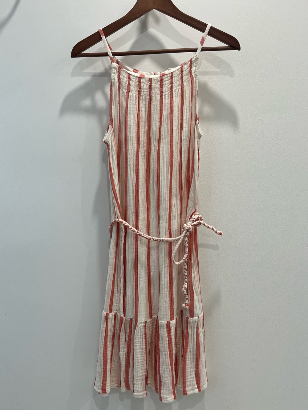 100% Cotton striped Sleeveless Midi Dress in Cream Coral with braided tie waist